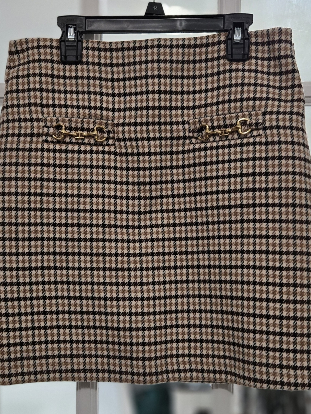 LOFT Houndstooth Mini Skirt with Gold Chain Detail - Brown/Black/Cream